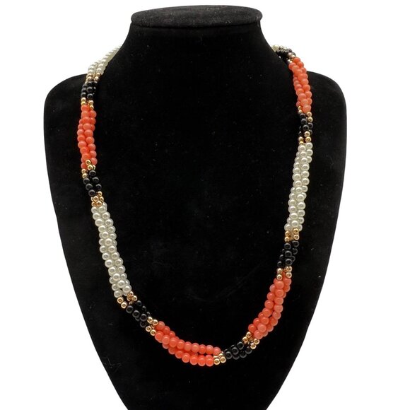 Vintage Multi-Strand Coral Onyx & Faux Pearl Beaded Necklace With Gold-Plated St - Picture 1 of 7